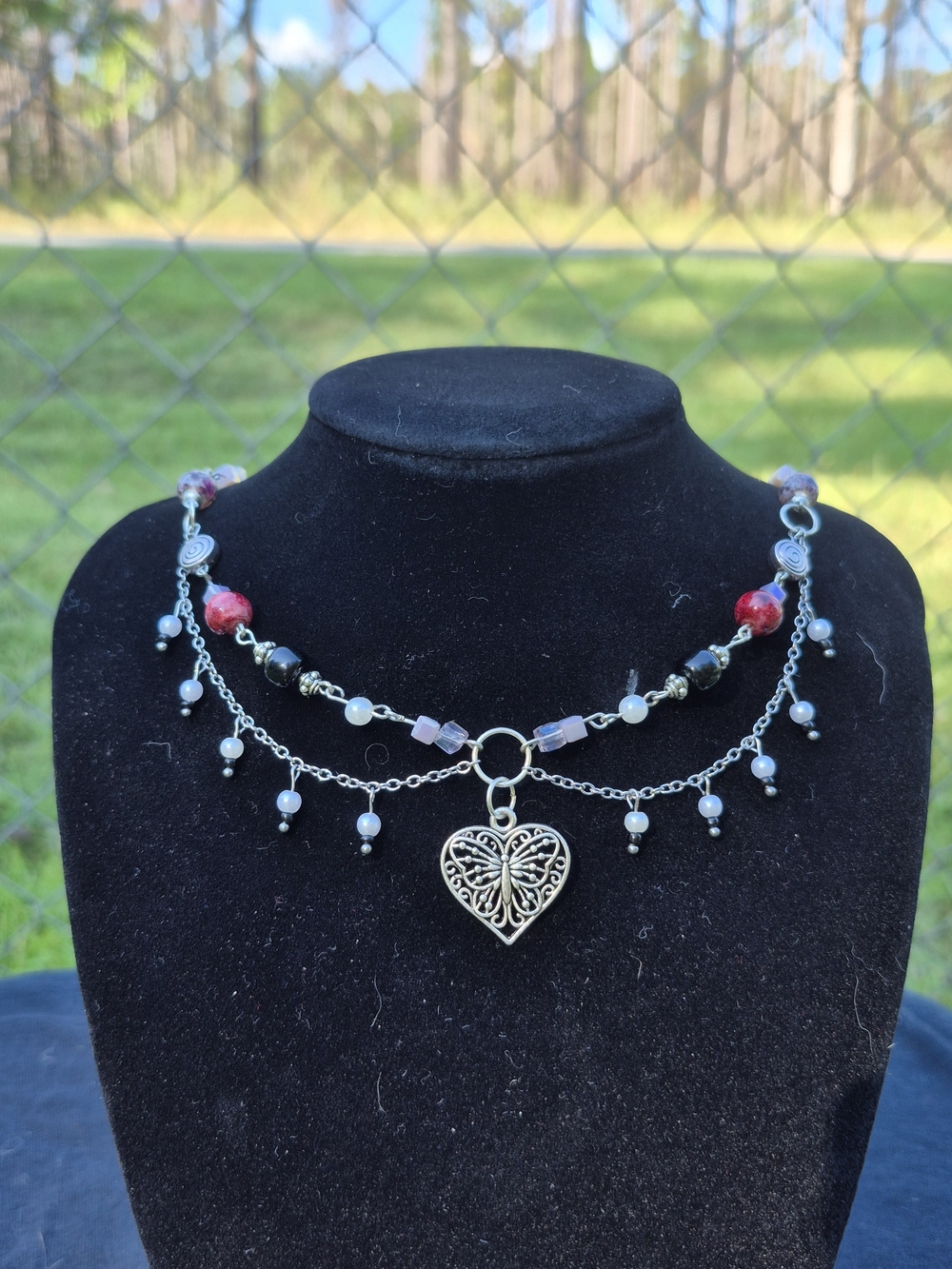Silver Heart Pendant Necklace with Red and Black Beads